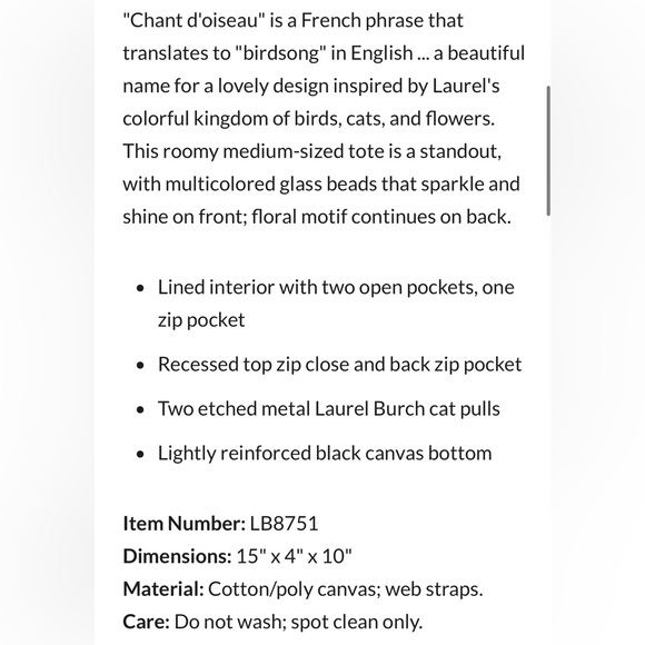 NWT! Laurel Burch “Chant D’Douseau” Medium Tote Bag - Picture 7 of 7